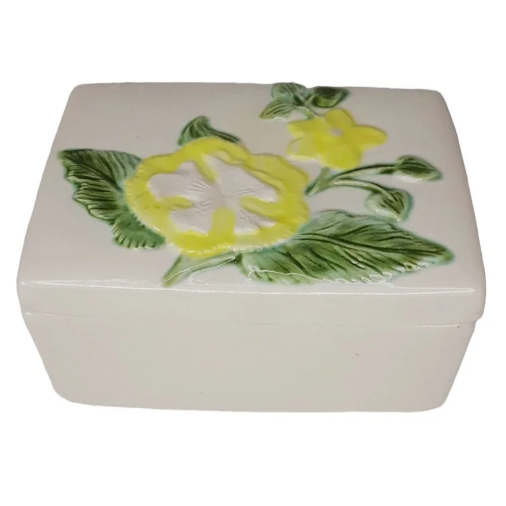 Floral Trinket Box Vintage Ceramic McNees Mold Jewelry Box White Yellow Flower